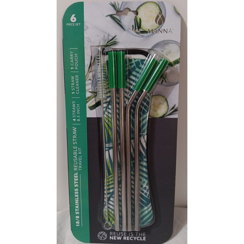Stainless Steel Reusable Drinking Straws 6 Piece Set Brush Carry Case Gift Green